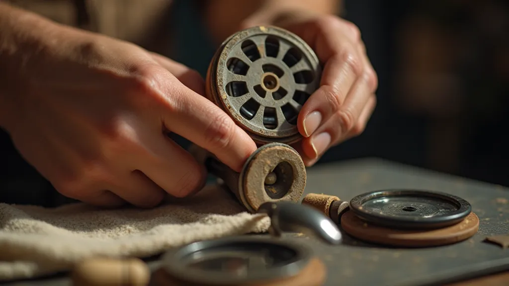 Carefully cleaning a vintage reel.